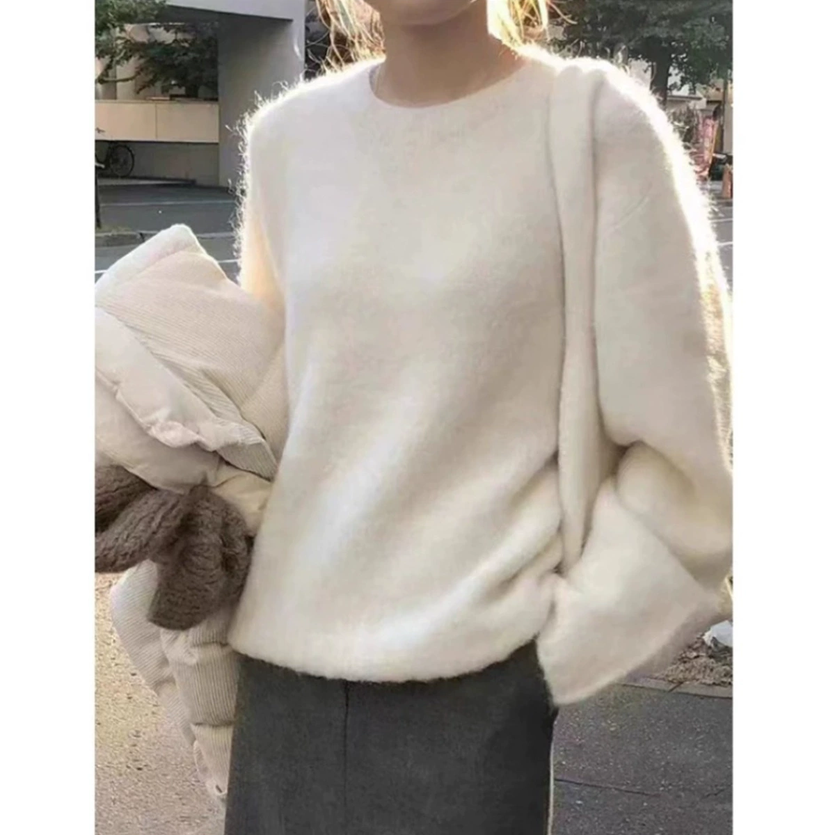 Woolen white purple sweater, loose fit