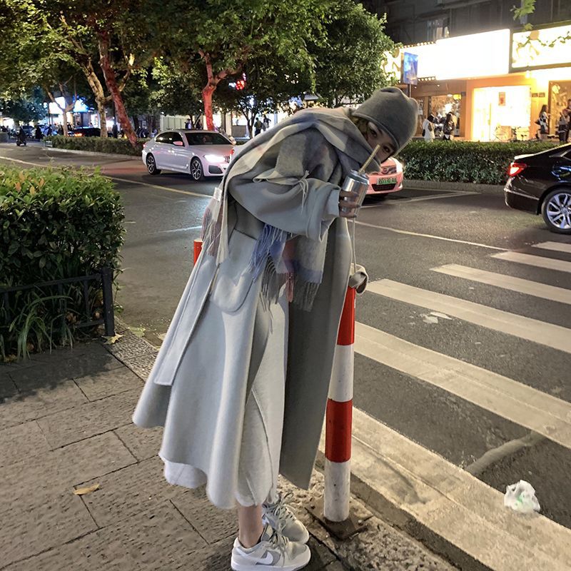 双面绒毛呢外套女中长款2025秋冬季新款系带赫本风小个子呢子大衣