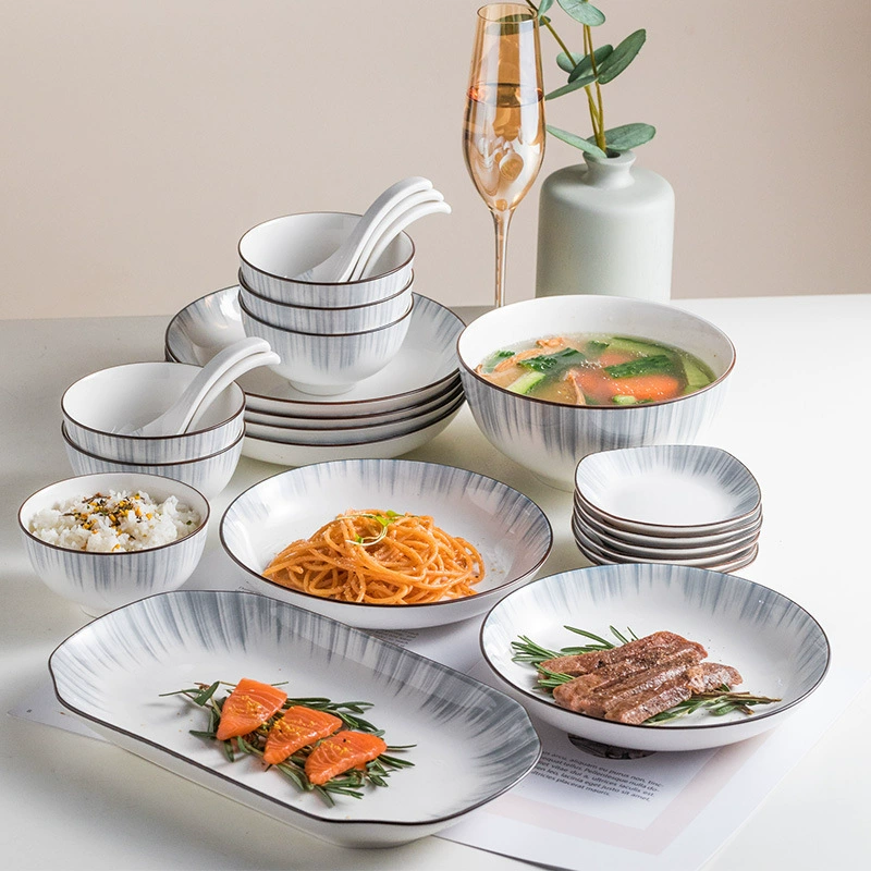 Ceramic Tableware Set — Rectangular Fish Plate + Round Plates & Soup Spoons, Elegant Rim