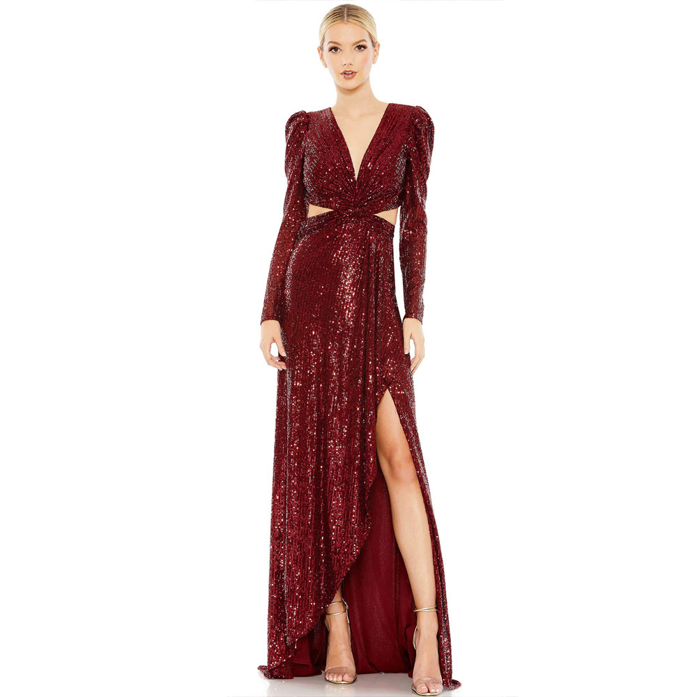 Europa y América del comercio exterior verano nuevo irregular sin respaldo banquete vestido de fiesta sexy split manga larga vestido de lentejuelas