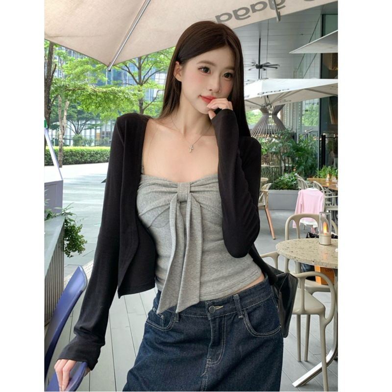 MR【随心裁】纯欲辣妹风蝴蝶结吊带背心女秋季长袖防晒开衫两件套|undefined