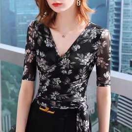 拉丁舞练功服女短袖领吉特巴摩登舞舞蹈服2025新款绑带跳舞上衣