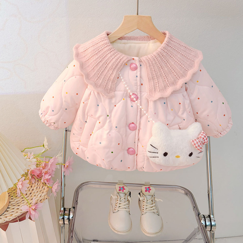 Wholesale of winter padded cotton coats for baby girls, 2026 new style, children's knitted lapel cotton jacket, trendy live-streaming supply