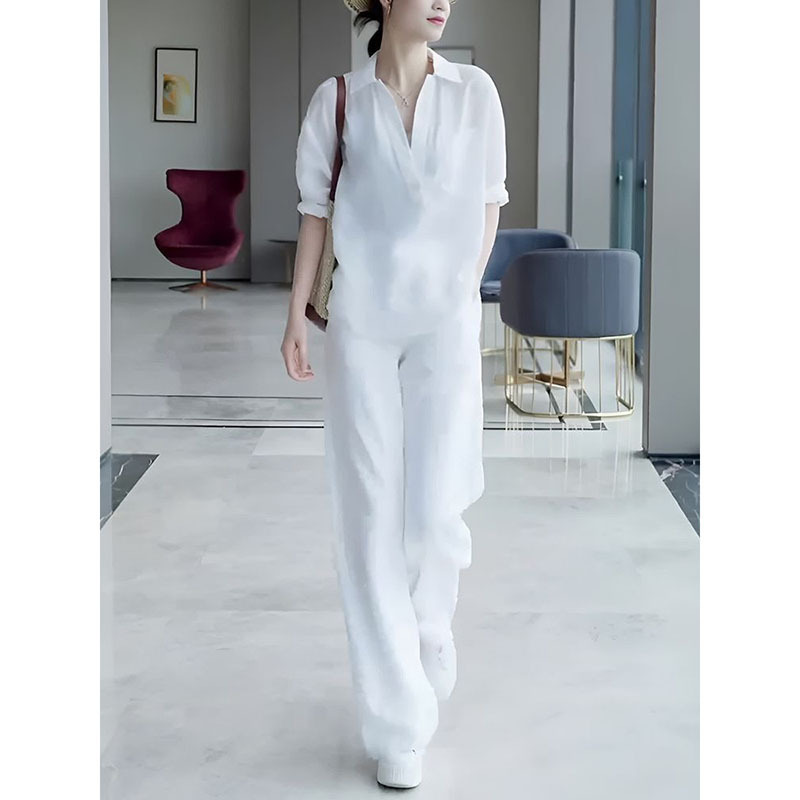女性用の白いファッションスーツ、ヨーロッパの製品、美しい、西洋風、高級イミテーションリネンシャツ、ワイドレッグパンツ、夏のマッチングスーツ|undefined