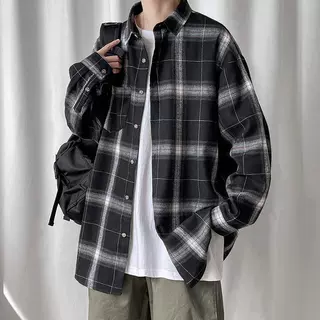 私人专属 外贸专供春秋经典黑白格子衬衫男女长袖宽松休闲韩版ins