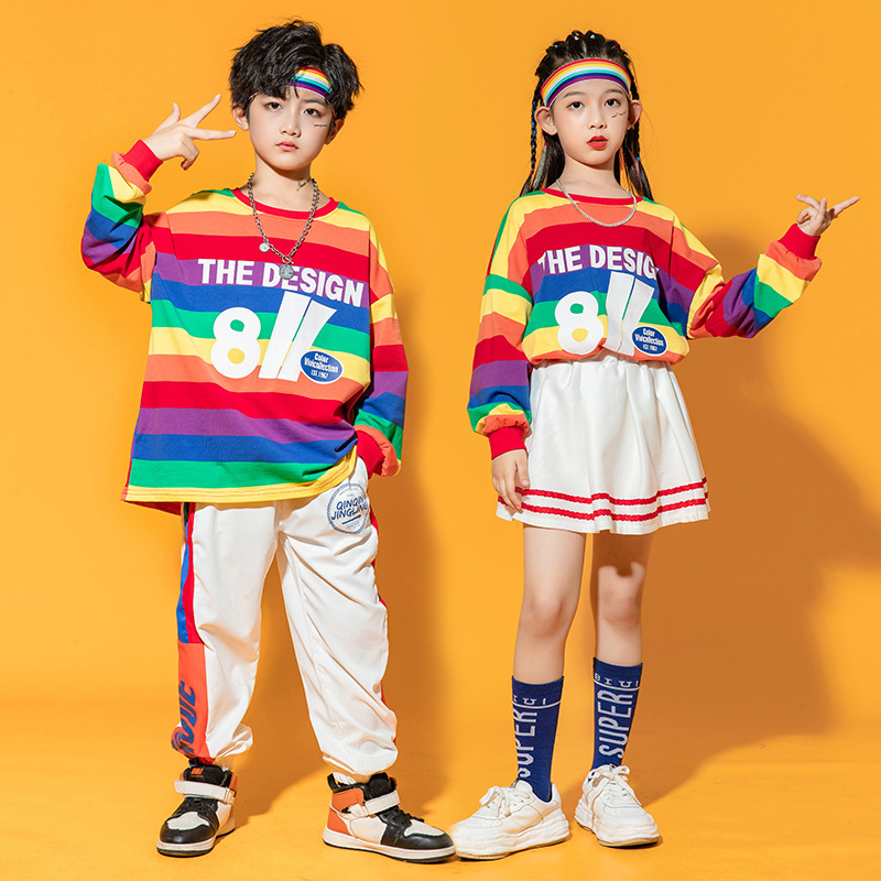 Children boys girls rainbow striped hiphop street dance outfits