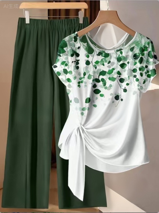 Floral Print Plus Size Women's Short Sleeve Outfit - Loose Fit Wide Leg Pants Set For Summer, Comfortable And Flattering For Curvy Figures_ecoleips.com
