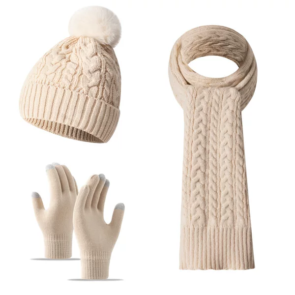 New solid color knitted winter warm cycling fleece-lined thickened high-end women's hat, scarf, and gloves three-piece set