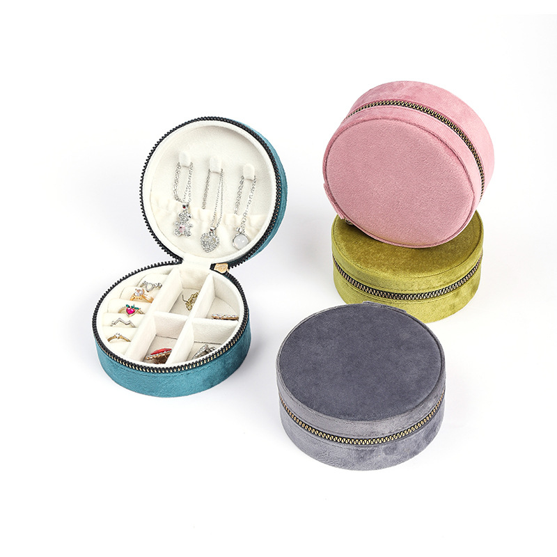 Caja de joyería de cremallera redonda de terciopelo mini caja de almacenamiento de lujo exquisita caja de viaje collar portátil pendientes caja de joyería