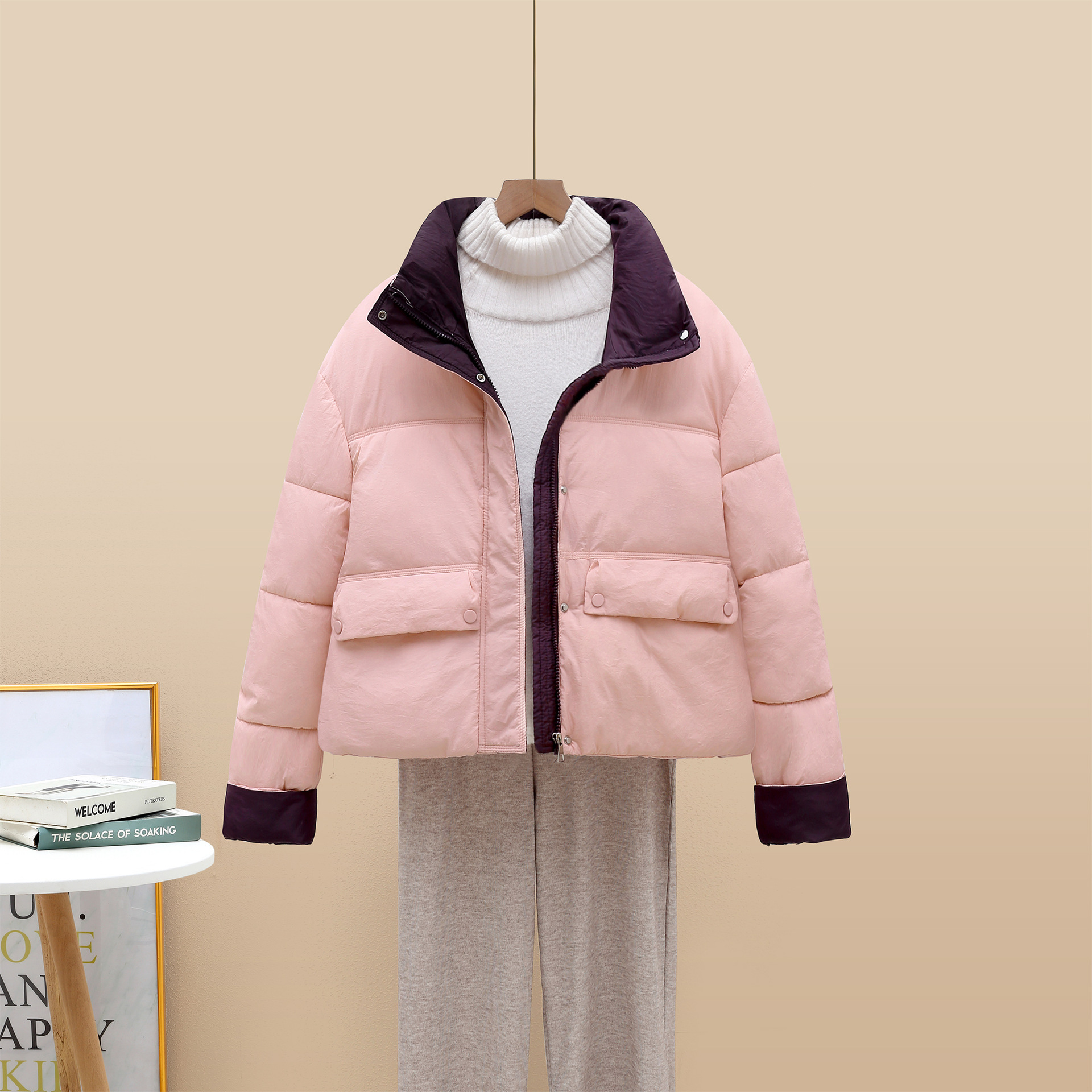 2025 otoño y invierno de mujer corto chaqueta de pan pequeño estilo coreano engrosado abrigo de cuello suelto de color combinado image 2