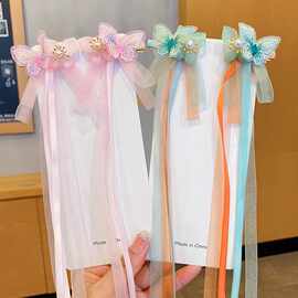 女童古装刺绣蝴蝶头饰儿童蝴蝶飘带发夹小女孩中国风发卡子小公主