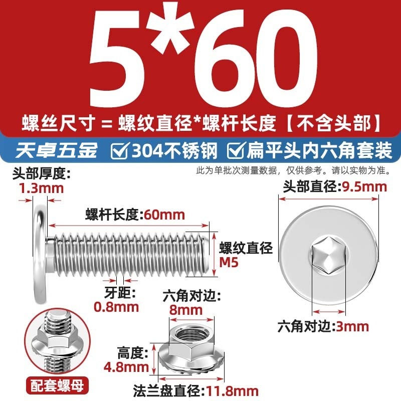 304不锈钢CM大平头超薄头C头扁平头内六角螺丝钉法兰边螺母套装M5|undefined