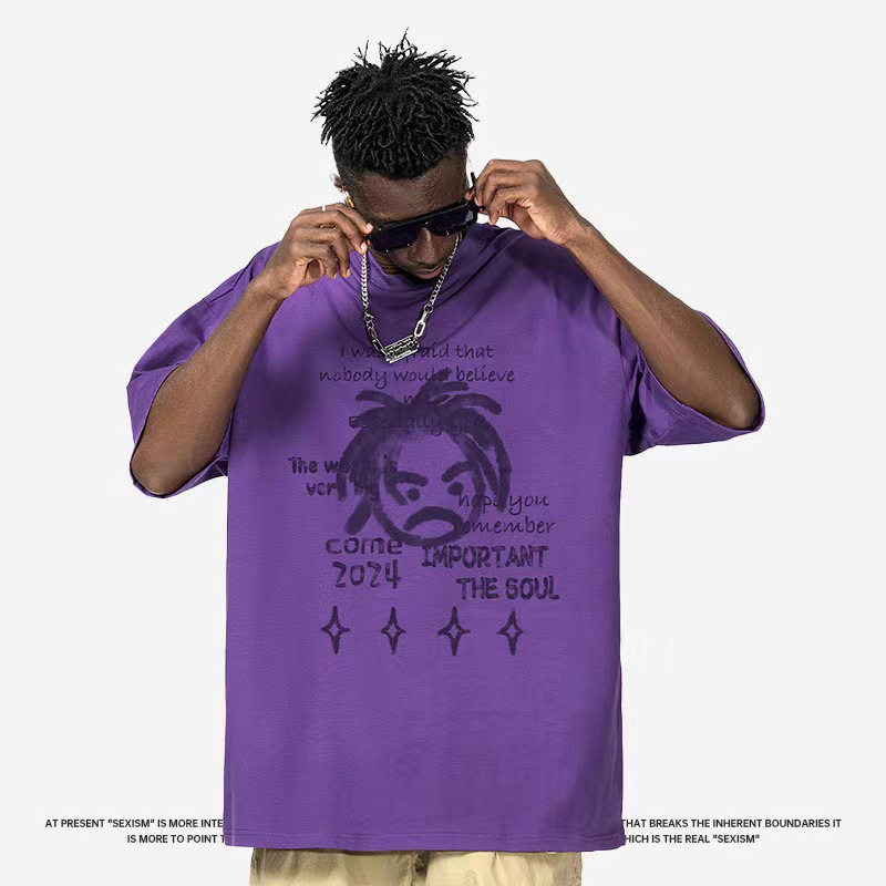 Spring and summer new loose oversize short-sleeved T-shirt men's American hip-hop style round neck trendy brand ins versatile bottoming shirt_viptrois.com