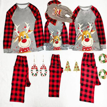 歐美亞馬遜聖誕 小鹿印花圓領拼格子家庭親子套裝秋裝