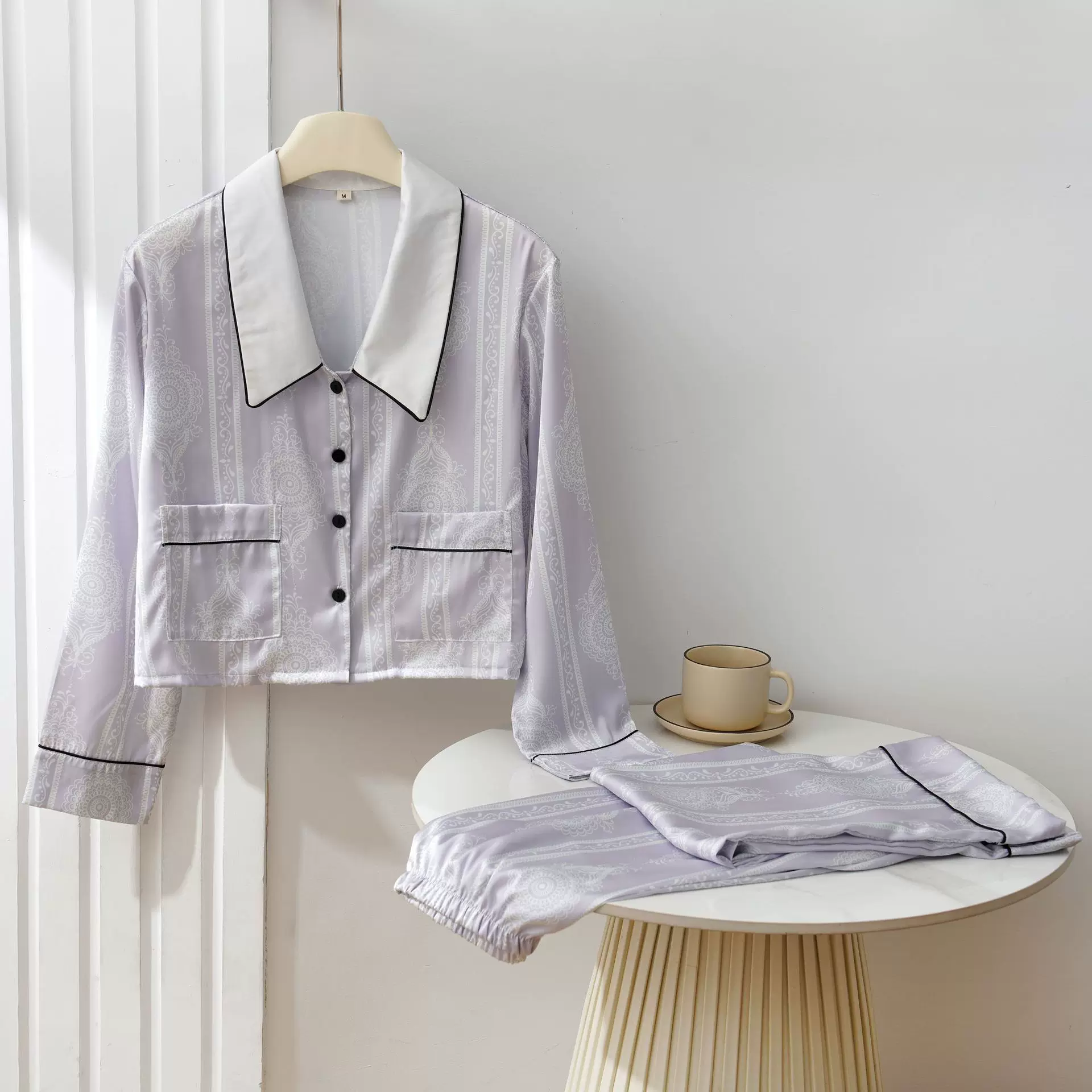 跨境春秋款小翻领薄款长袖丝绸套装文艺风女士冰丝睡衣家居服女夏