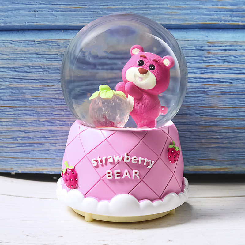 Nueva bola de cristal de mapache rosa pequeña, nieve, caja de música luminosa, luz nocturna, caja de música de regalo, artesanía de una pieza