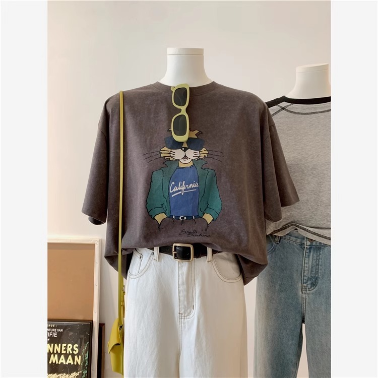 アメリカンレトロサングラス猫春夏まだらプリントファッションルーズカジュアル半袖Tシャツレディースパーソナライズトップトレンディ|undefined