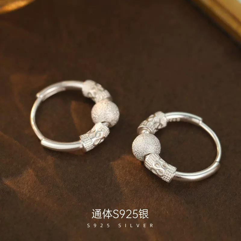 榕树下S925银简约如意转运珠耳环女复古时尚小众素银耳圈耳饰新款
