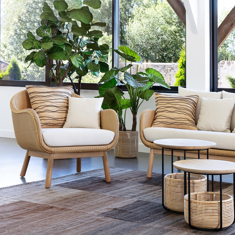 Outdoor solid wood rattan sofa courtyard minimalist leisure balcony villa patio garden rattan chair furniture coffee table set