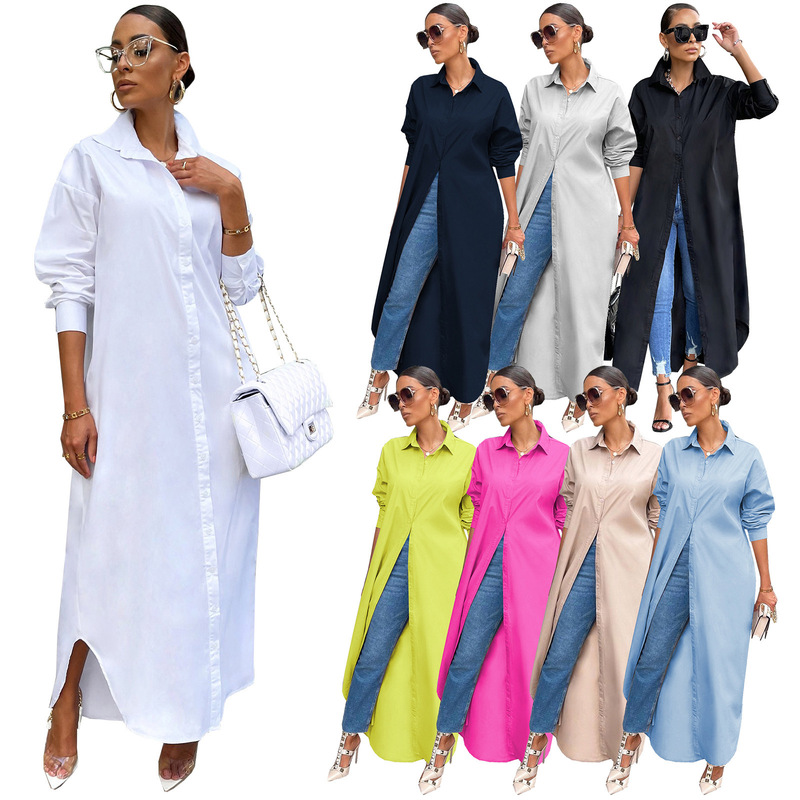 European and American Clothing Cross-Border Amazon Popular Women's Long-Sleeved Long Shirt Fashionable Casual Solid Color Long Shirt Lapel Jacket