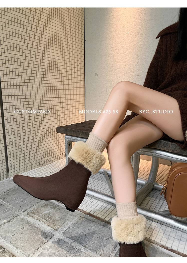 Boot nữ cổ cao lông cừu mũi vuông tăng chiều cao — cà phê nâu, màu xám, quả mơ chi tiết 21