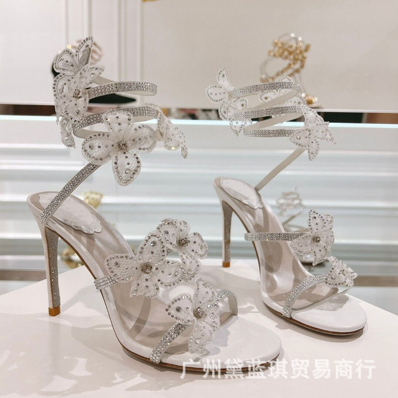 RC シルクホットダイヤモンドレースメッシュフラワー装飾ヘビ巻き妖精美しいハイヒールサンダル|undefined