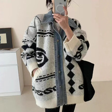 跨境慵懒风玫瑰麋鹿毛衣外套女2025秋冬牛仔拼接加厚针织开衫1363