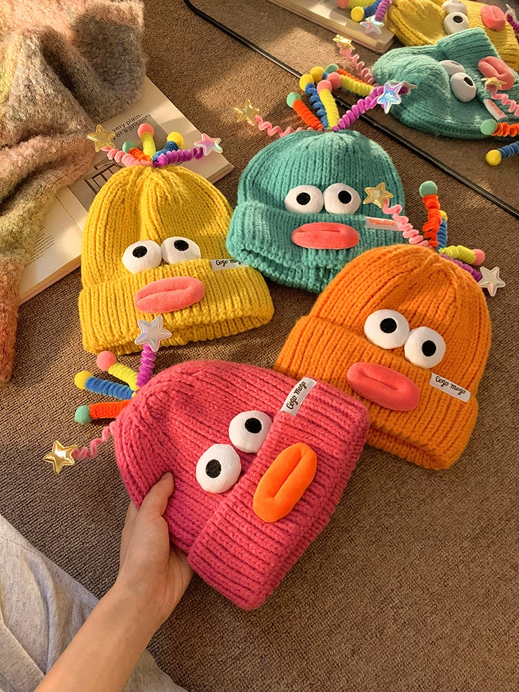 Cute knitted woolen demi-season cartoon keep warm hat for beloved