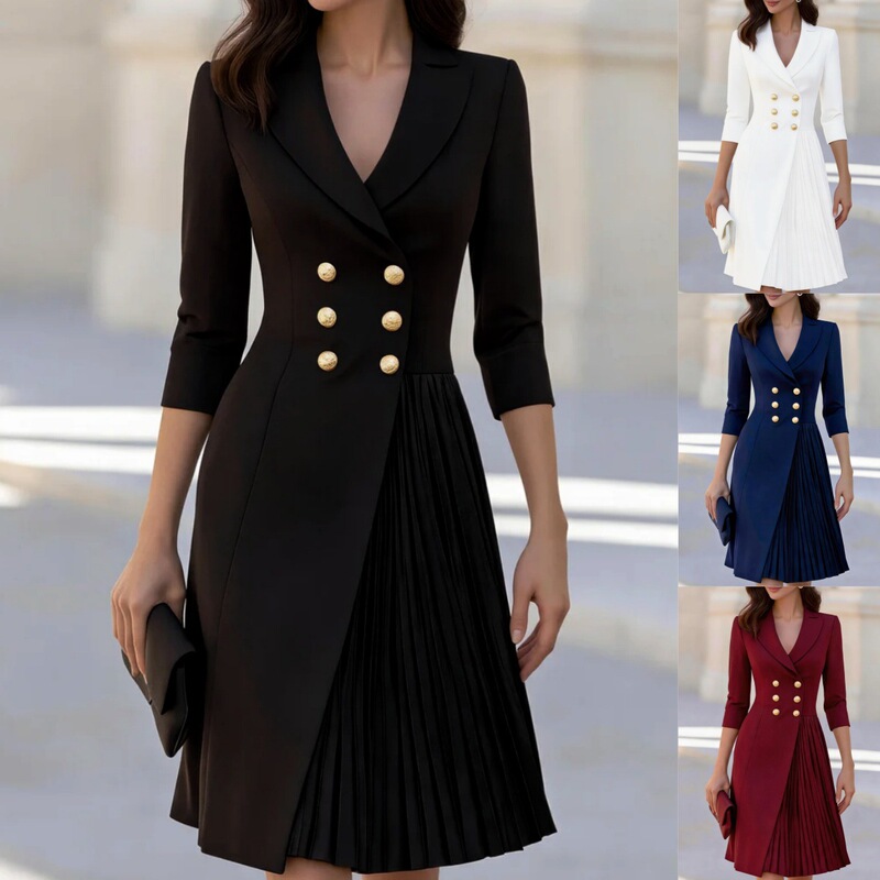 2026 Cross-Border Amazon European and American Double-Breasted Blazer Dress, Three-Quarter Sleeve, Waist-Cinched, Asymmetrical Pleated Midi Dress 2026 Cross-Border Amazon European and American Double-Breasted Blazer Dress, Three-Quarter Sleeve, Waist-Cinched, Asymmetrical Pleated Midi Dress
