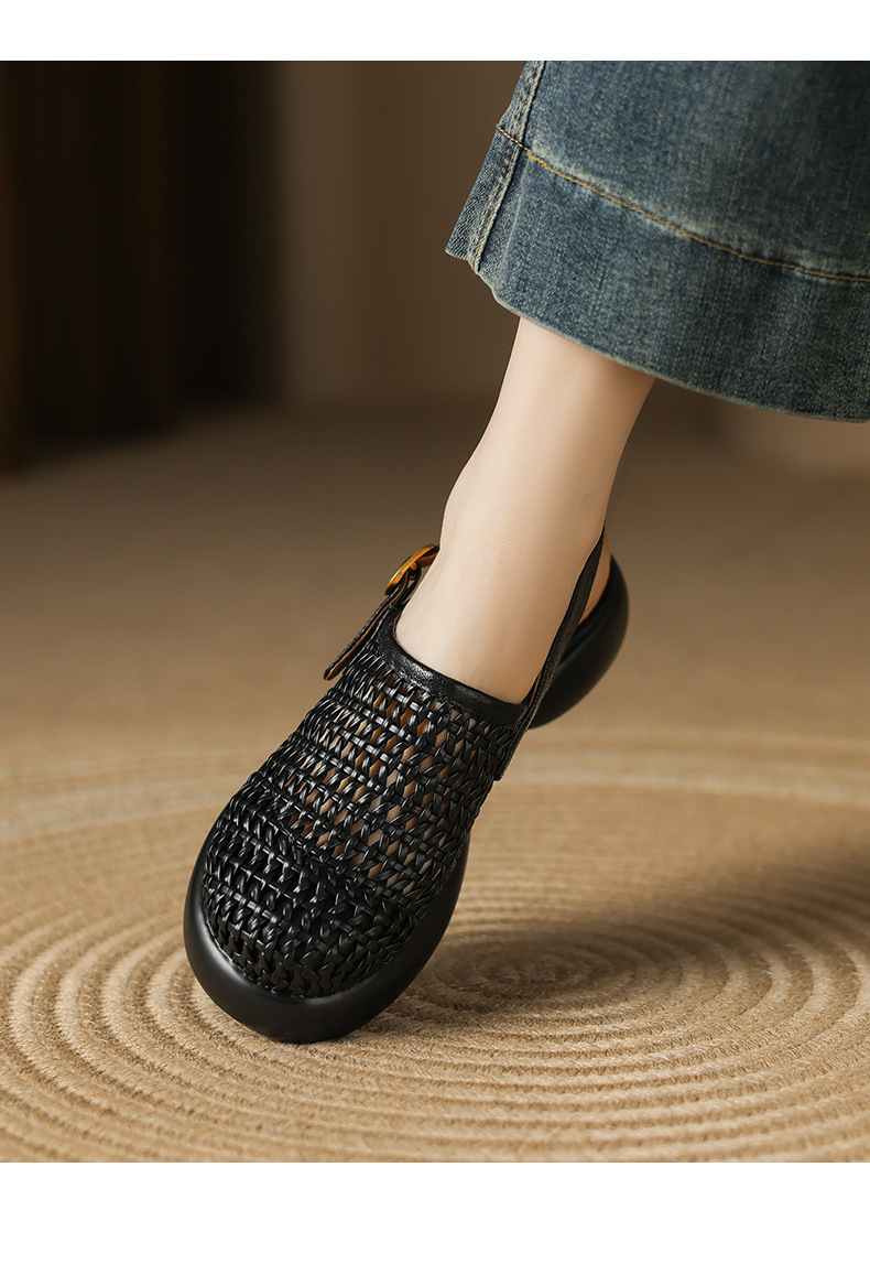 Sandal cao gót nữ đế dày gót vuông mũi hở phong cách La Mã — đen chi tiết 4