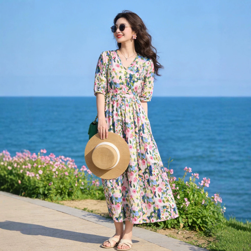 【Mid-sleeve】2026 Cotton Silk Floral Print Dress for Women, Summer Slim Fit, Elegant, Mid-length, Loose Fit 【Mid-sleeve】2026 Cotton Silk Floral Print Dress for Women, Summer Slim Fit, Elegant, Mid-length, Loose Fit