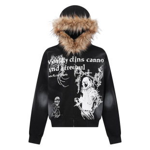 Guo Wear American Retro Hip-Hop Street Fur Collar Hooded Cardigan Sweatshirt for Men and Women, Autumn and Winter Trendy Brand
