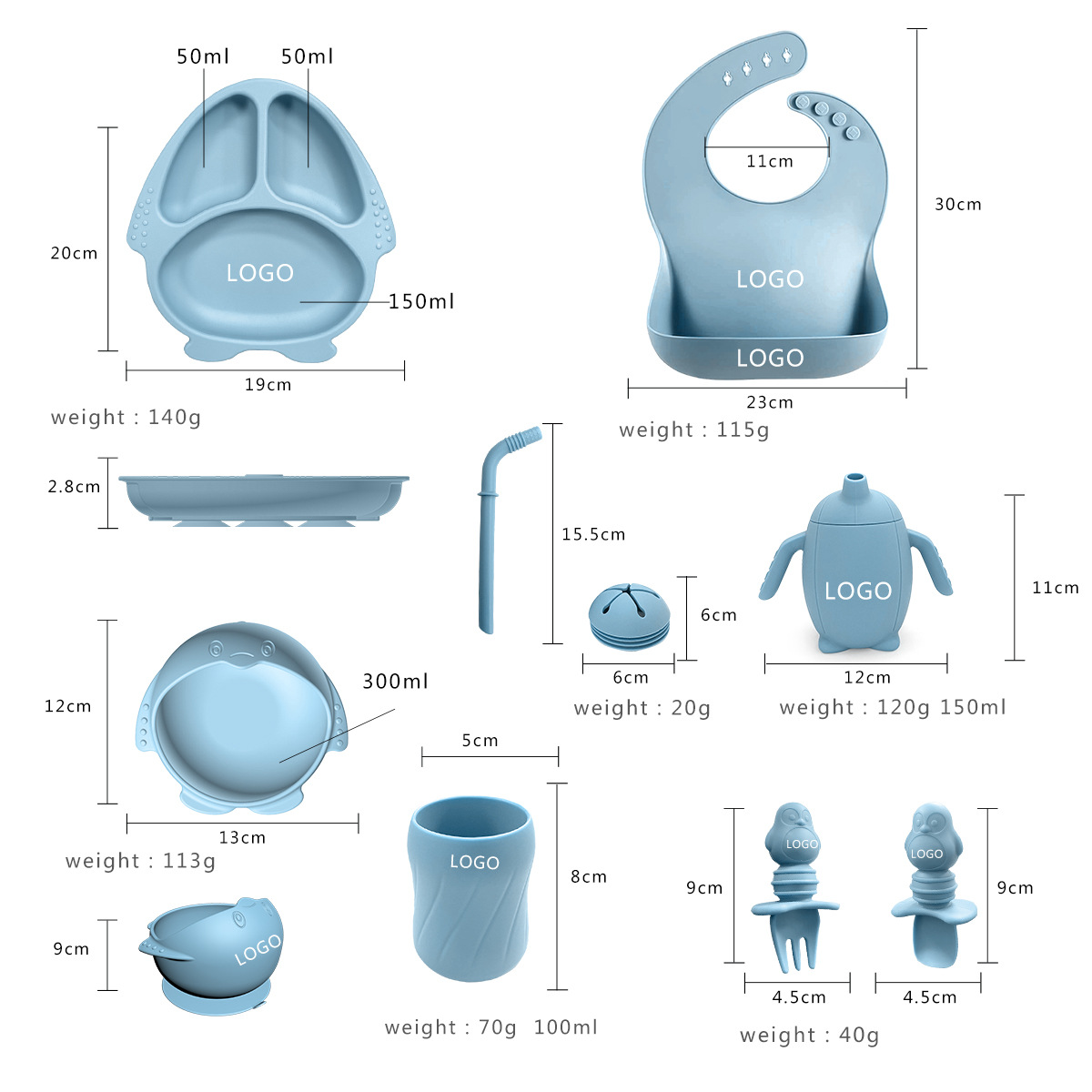 2024 nuevos productos para niños platos de silicona cubiertos suplemento platos cucharas pingüino platos de ocho piezas conjunto de suministros para madre y bebé