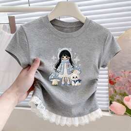 外贸混批女童新款3D仿刺绣夏季修身上衣儿童蕾丝T恤短袖拼接花边