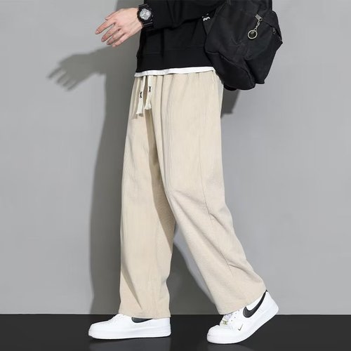 Men's Corduroy Pants for Spring and Autumn, Streetwear Loose and Flowy Straight Leg Sweatpants with Fleece, Wide Leg Sporty Casual Long Pants