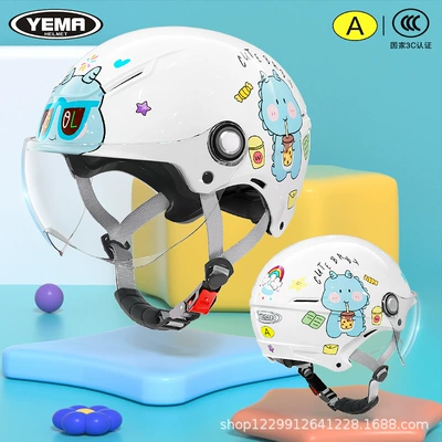 Motosiklet kaskı (dəbilqə) — Safety Helmet - summer-style-ceramic-white-milk-tea-little-dinosaur-transparent-short-lens