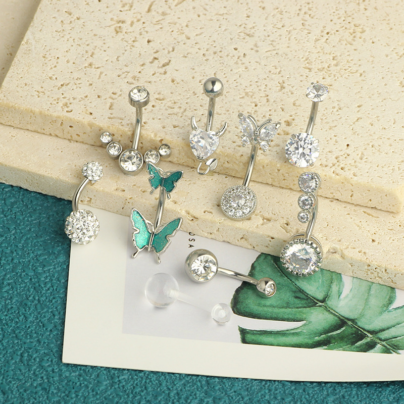 Wholesale Rose Gold Set Butterfly Stainless Steel Diamond CZ Flower Navel Ring Belly Button Piercing Jewelry 9-Piece detail image 15