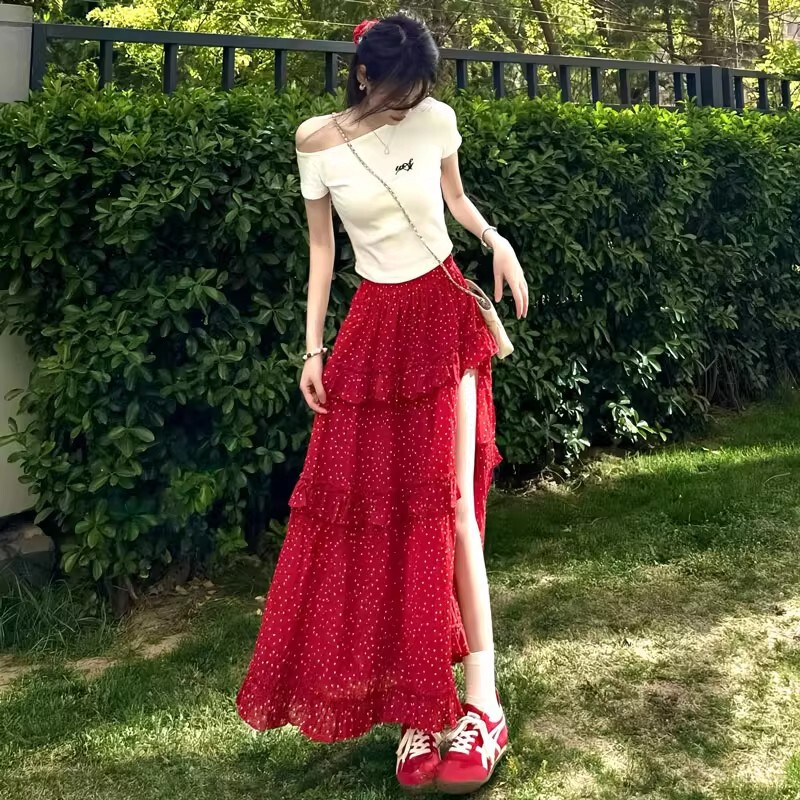 Red Irregular Polka Dot Skirt for Women, Summer 2026 New Style, High-Waisted, Slit, Mid-Length Pleated Skirt for Petite Figures Red Irregular Polka Dot Skirt for Women, Summer 2026 New Style, High-Waisted, Slit, Mid-Length Pleated Skirt for Petite Figures