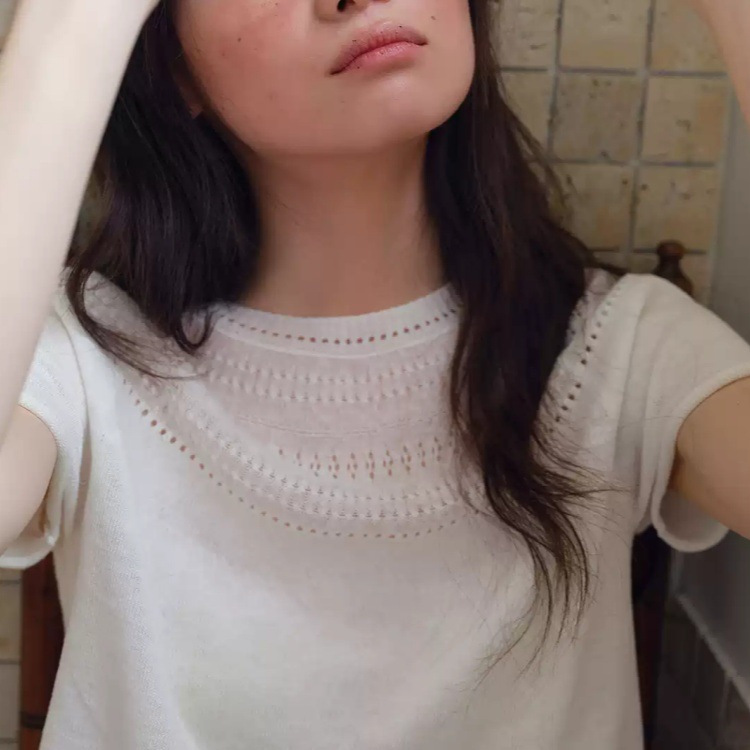 "Mist Island" French Normandy Linen-Cotton Semi-Transparent Fair Isle Lightweight Knit Short-Sleeve Top