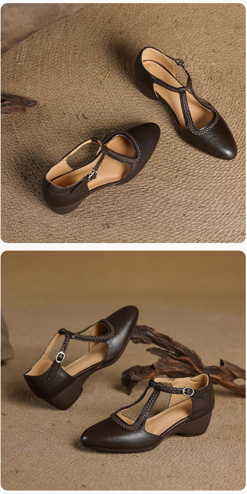 Sandal nữ quai ngang mũi nhọn da cừu đế xuồng gót 4.5 cm — nâu chi tiết 20