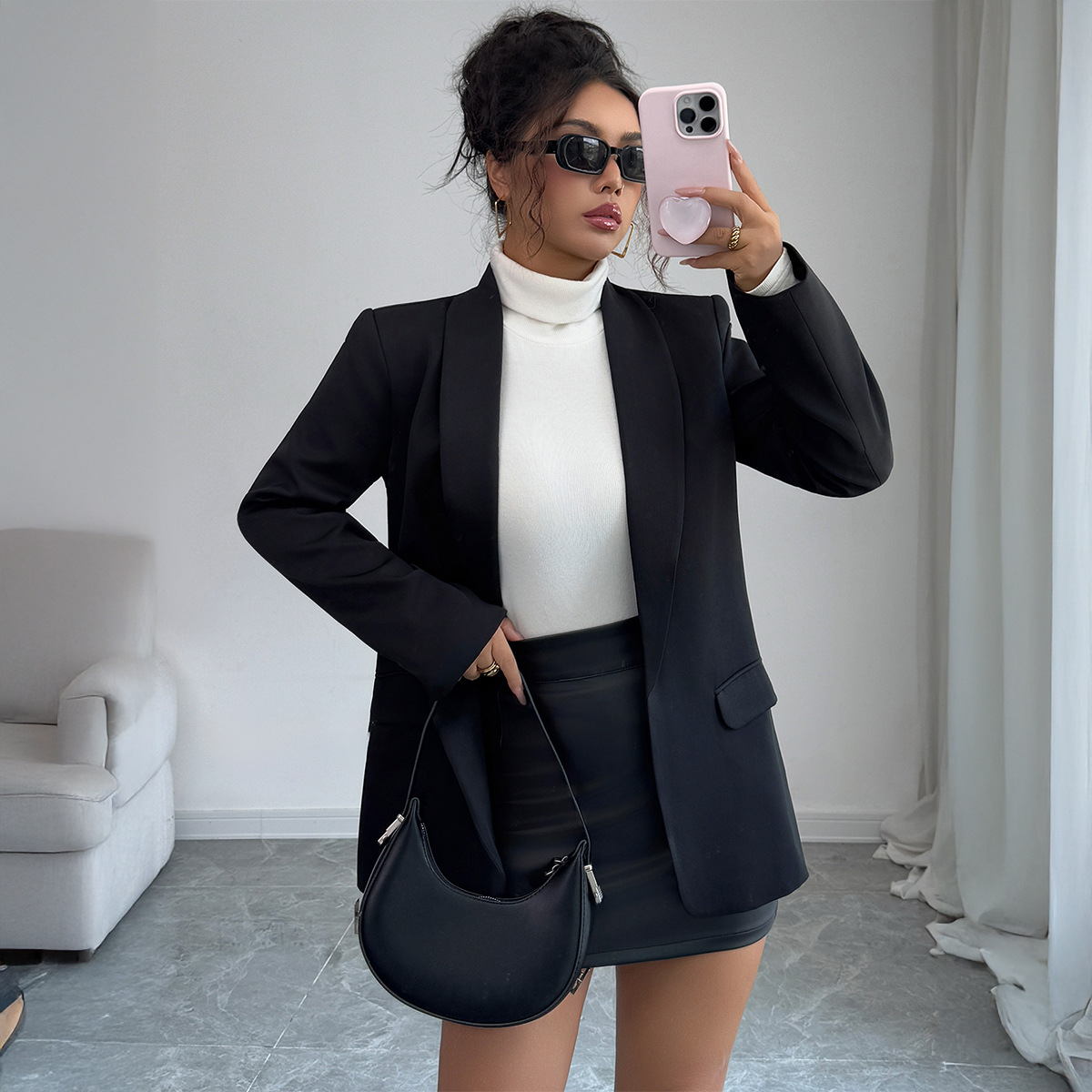 Damenbekleidung Eleganter Damen-Langarm-Anzugblazer, einfarbig, europäisch-amerikanischer Stil, Herbst/Winter_voghion.com