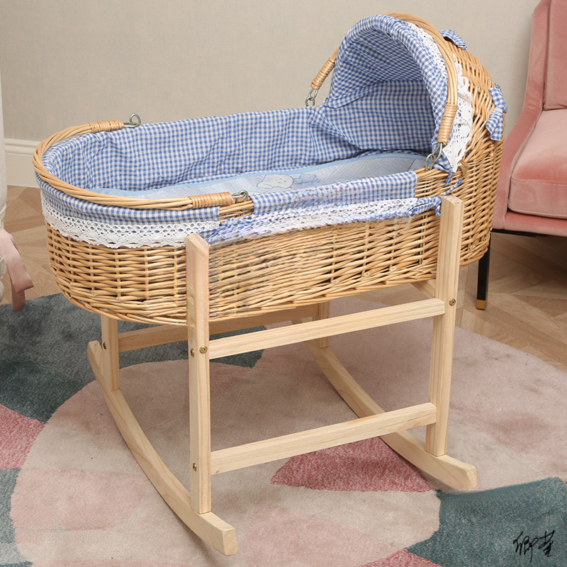 Bamboo Cradle Bed, Rattan Baby Cradle, Portable Solid Wood Bed, Old-Fashioned Manual Baby Soothing Rocking Bed