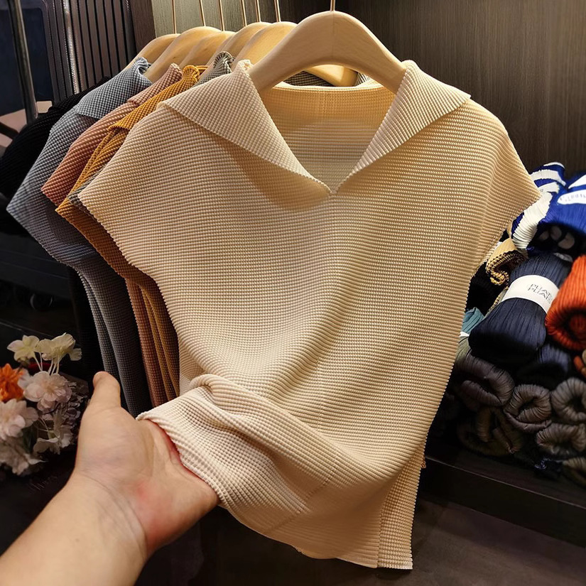 Áo thun cổ chữ V xếp ly dáng ôm thanh lịch nữ — Màu xanh lam nhạt, Màu xanh lục, Màu đen, Màu cam