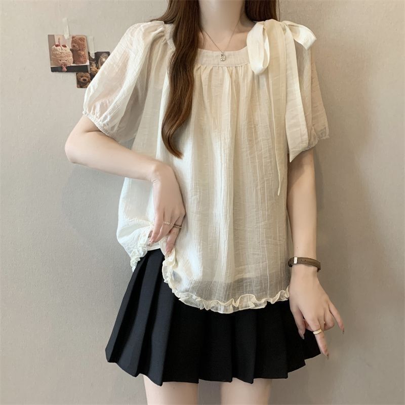 Plus-Size Bow Chiffon Short-Sleeve Shirt for Women, New Summer Style, Ruffled Hem, Versatile Slimming Top for Women Plus-Size Bow Chiffon Short-Sleeve Shirt for Women, New Summer Style, Ruffled Hem, Versatile Slimming Top for Women
