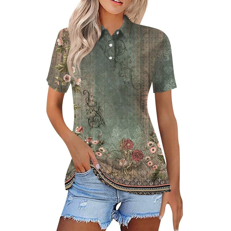 2026 New Amazon Cross-Border European and American Women's T-Shirt, Fashionable Casual Color Gradient Short-Sleeved Button-Down Polo Shirt