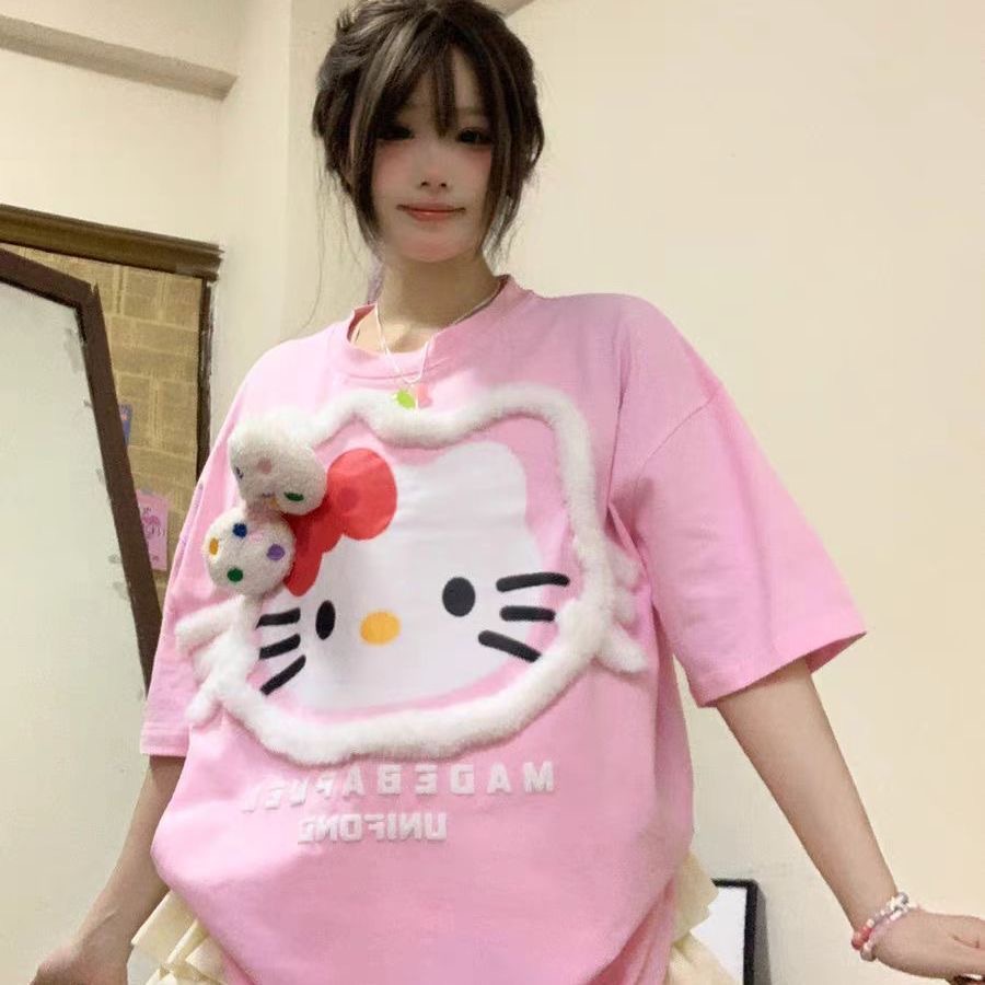 Internet Celebrity Same Style HelloKitty Cute Flocking Short-sleeved T-shirt Loose Design Bow Couple's Trendy Summer Top