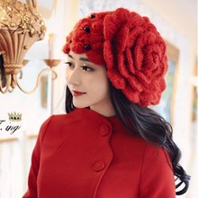冬季手工百搭保暖珍珠大花朵贝雷帽时尚甜美毛线针织帽子女