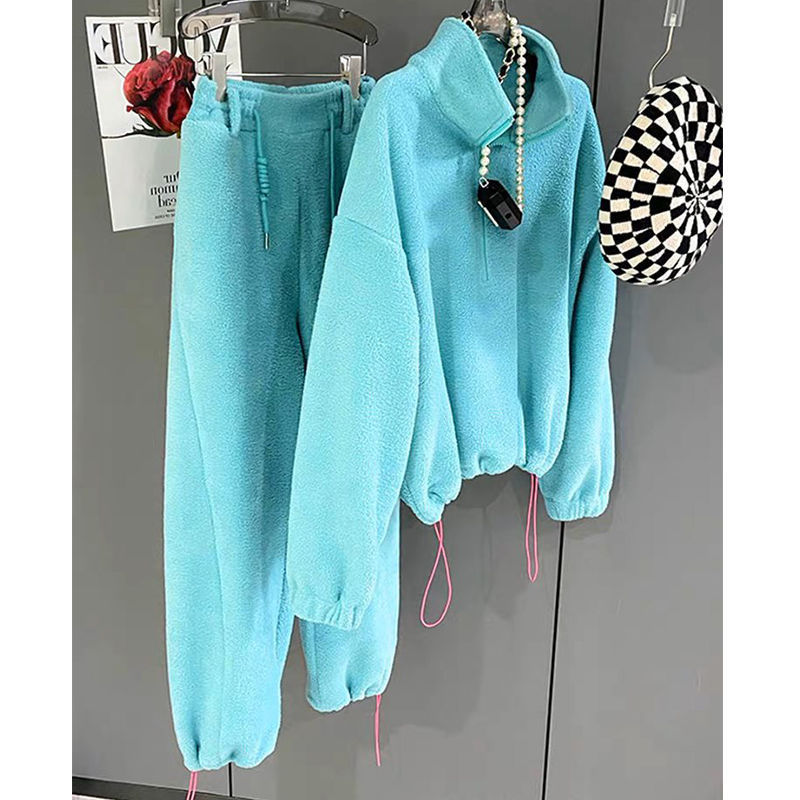 Sports Casual Suit for Women, Autumn and Winter 2025 New Fashion Stylish Lamb Wool Fleece Sweatshirt Two-Piece Set Cross-Border