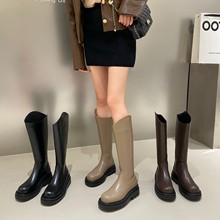 圓頭韓版棕色長筒騎士靴女鞋2021新款秋冬季加絨小眾設計厚底長靴