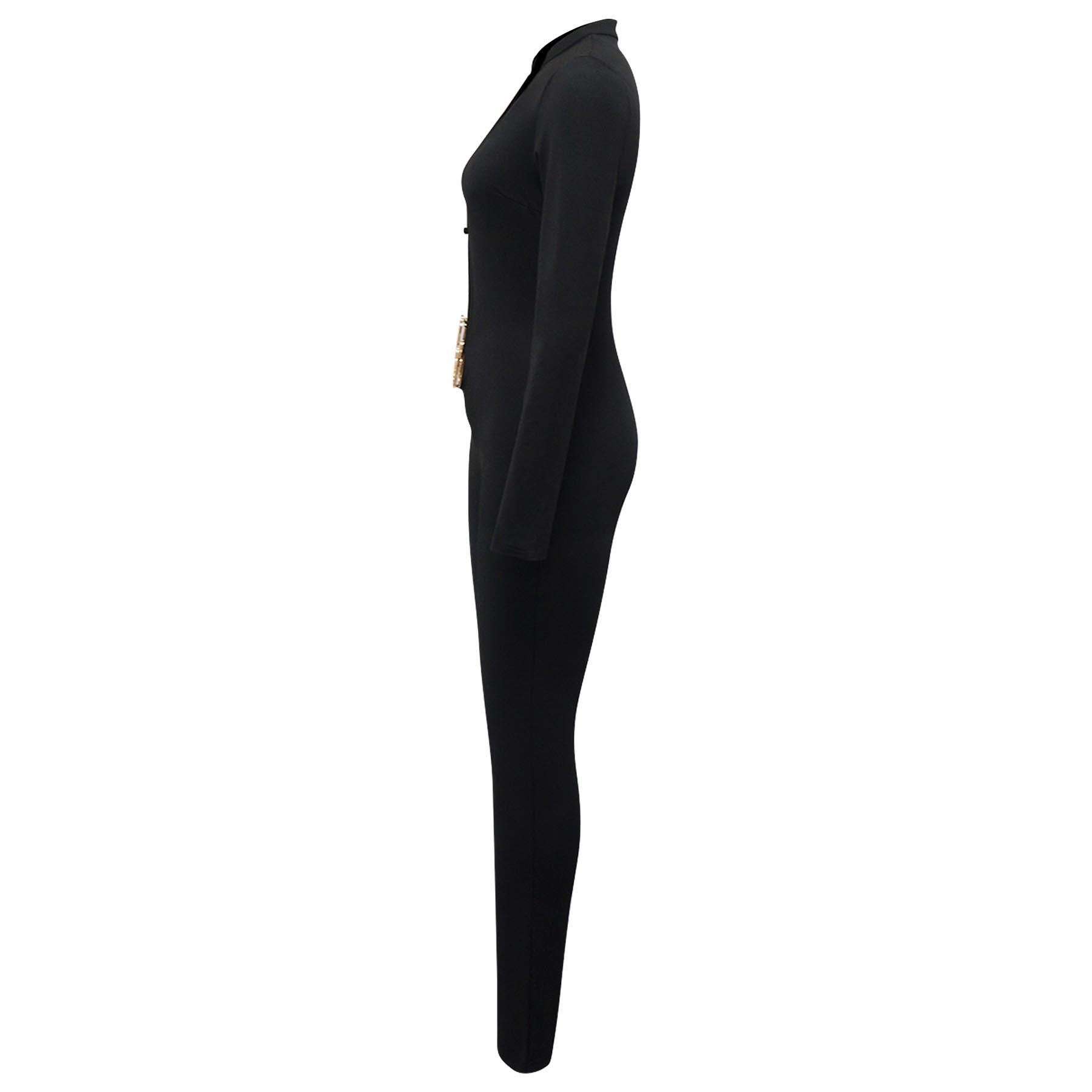 Sexy Deep V Long Sleeve Jumpsuit Solid Color Tight Fit_voghion.com